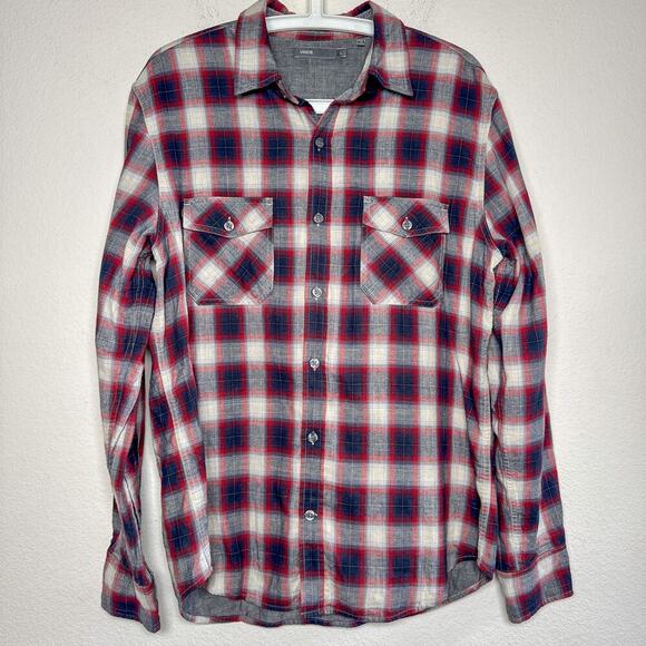 Vince Red Navy Gray Plaid Cotton Button Down Shirt Men’s Large - Picture 2 of 10